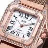DZG rose gold diamond-encrusted square watch, purple and blue gradient metal strap, gold mesh strap, white Roman numerals dial Application Scenario